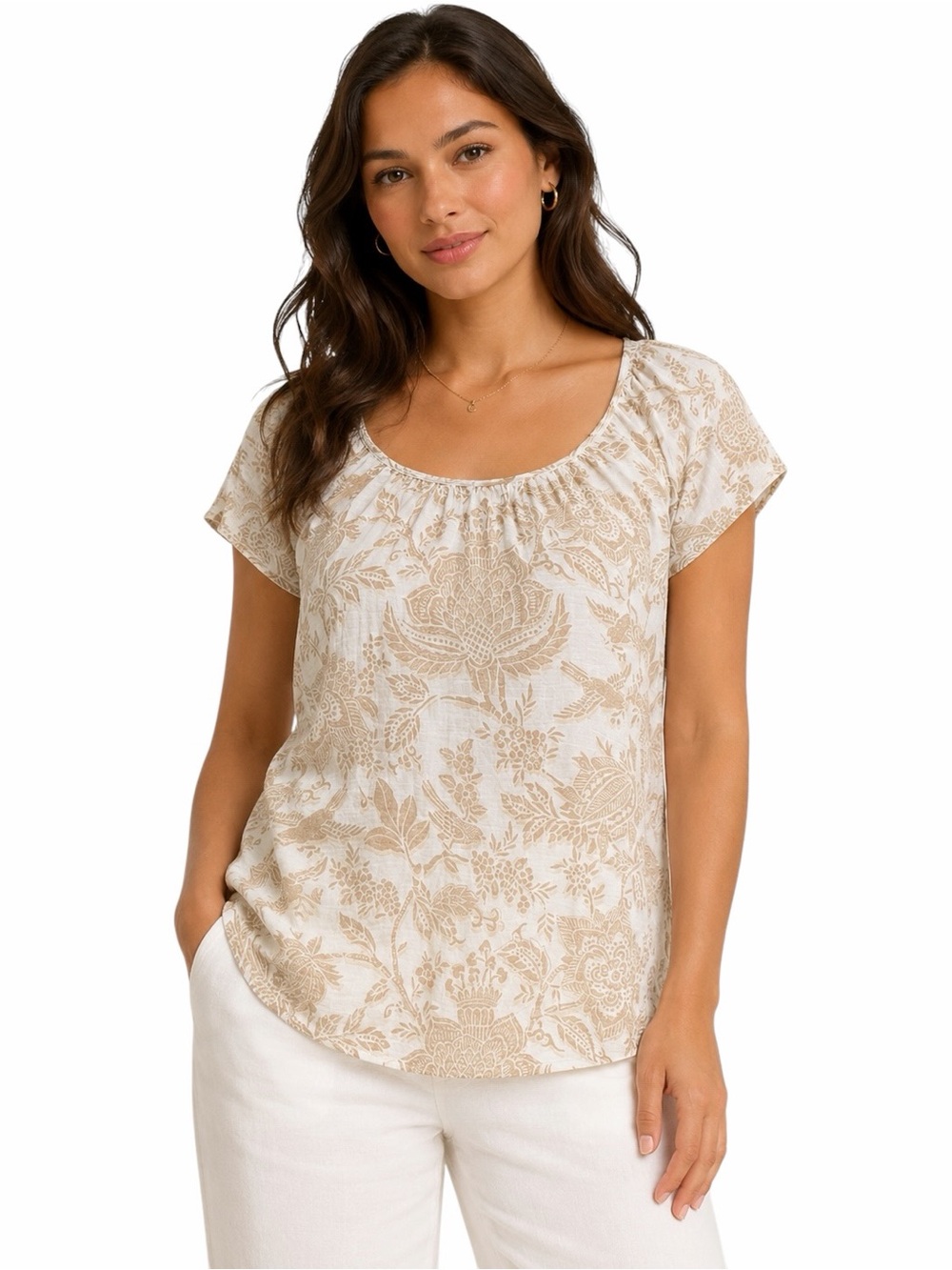 Liverpool Botanical Cotton Boho Blouse Flutter Sleeve Top Tan White XS NEW